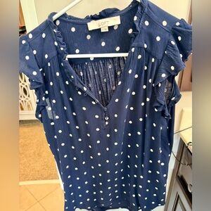 LOFT Navy and White Polka Dot Ruffle Sleeve Top